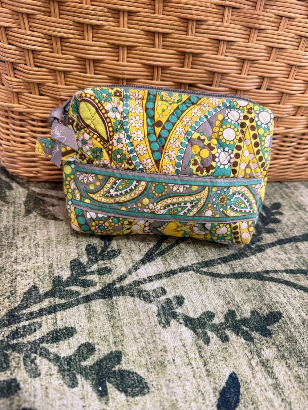Vintage Vera Bradley Yellow Teal Paisley Quilted Zip Cosmetic Bag Pouch